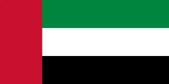 Flag of the United Arab Emirates with vertical red stripe on the left and horizontal green, white, and black stripes.
