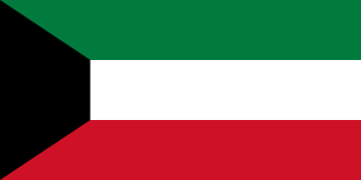 Flag of Kuwait with horizontal stripes of green, white, and red, and a black trapezoid on the left.