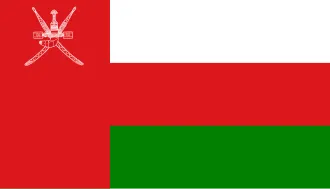 National flag of Oman featuring horizontal stripes of white, red, and green with a vertical red stripe on the left containing the national emblem in white.