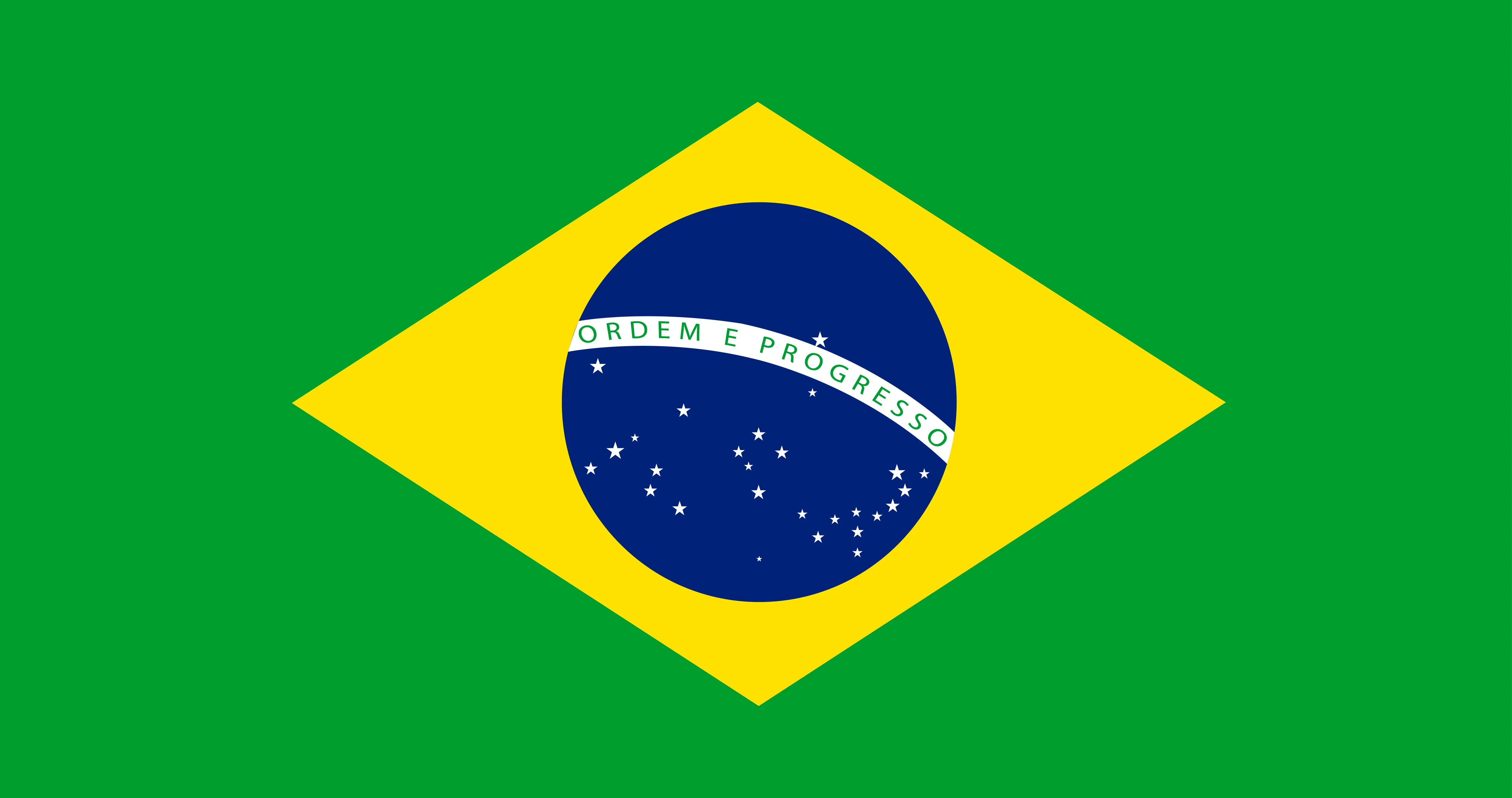 Flag of Brazil with a green field, yellow diamond, and blue globe with white stars and a banner reading 'Ordem e Progresso'.