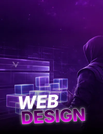 Purple-themed digital illustration of a hooded figure interacting with glowing web design interface elements.