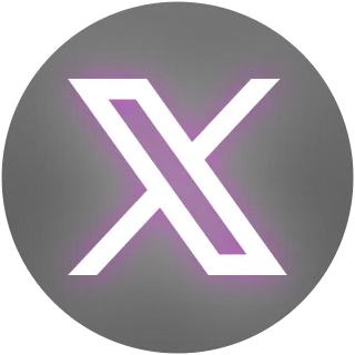 White stylized X logo with purple glow on black circular background.