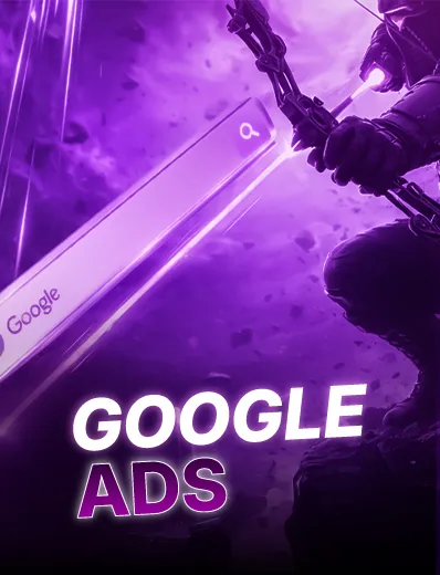 Purple-themed digital artwork showing a futuristic archer aiming a glowing search bar with Google logo, with text 'GOOGLE ADS'.