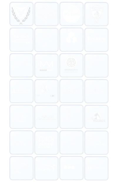 Grid of 24 blue and white logos including Kahuna Surfhouse, Ayia Napa Marina, KOMANETSI, and Coach Buddy.