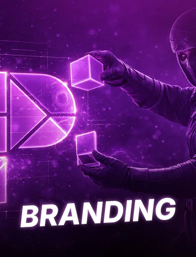Gloved hands assembling glowing purple cubes forming a digital logo, with the word 'BRANDING' in bold white letters.