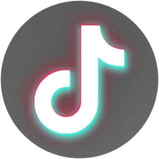 White TikTok logo with neon blue and red glow on black circular background.