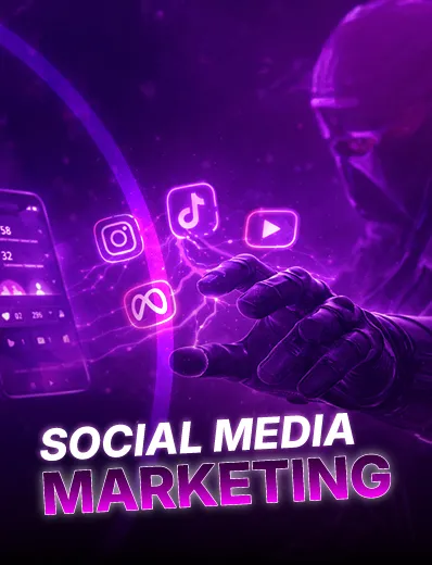 Gloved hand reaching toward glowing social media icons including Instagram, TikTok, Facebook, and YouTube with text 'Social Media Marketing' in neon purple tones.