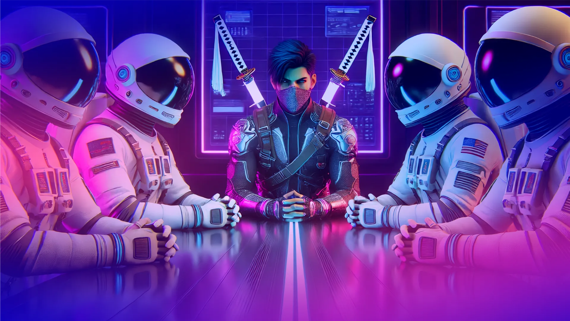 A futuristic warrior with katanas on his back sits at a table opposite four astronauts wearing white space suits with U.S. flags, surrounded by neon purple and blue lights.