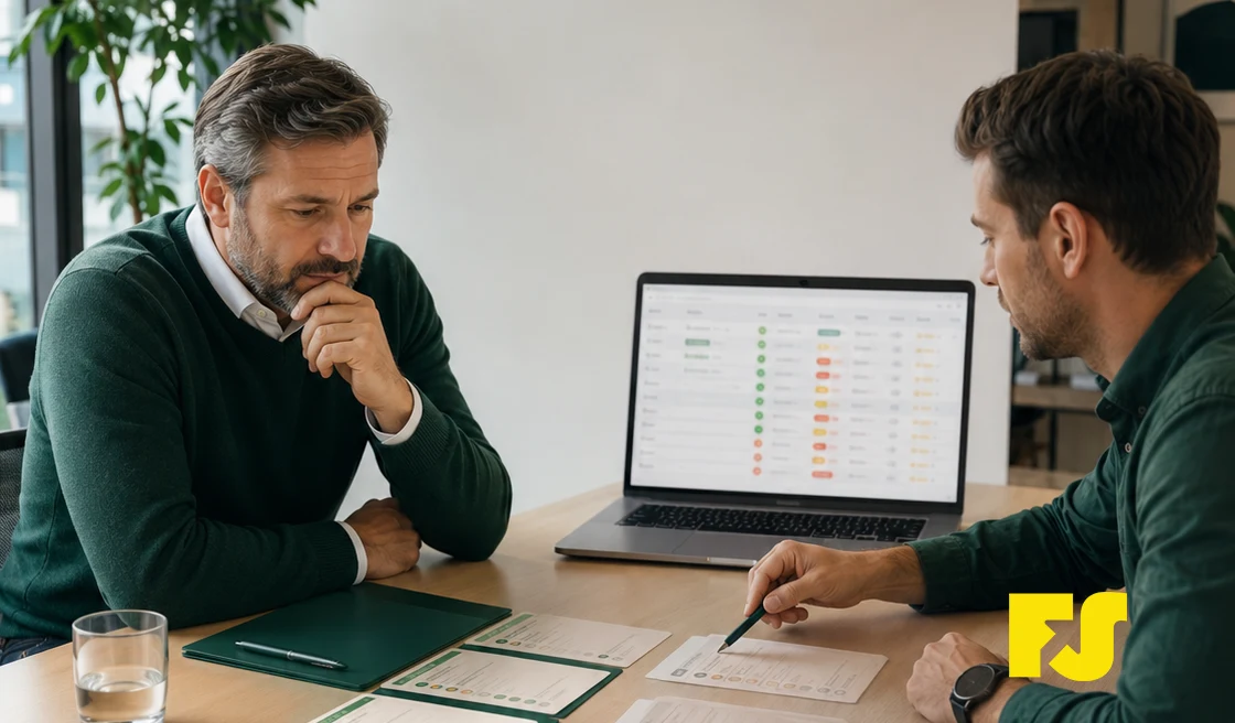 Fotórealisztikus irodai jelenet két üzleti szereplővel, akik egy tárgyalóasztalnál CRM-alapú sales pipeline-t néznek át; a laptopon elmosott lehetőséglista látszik, az asztalon pedig nyomtatott ügyletkártyák segítik a minősítési áttekintést.