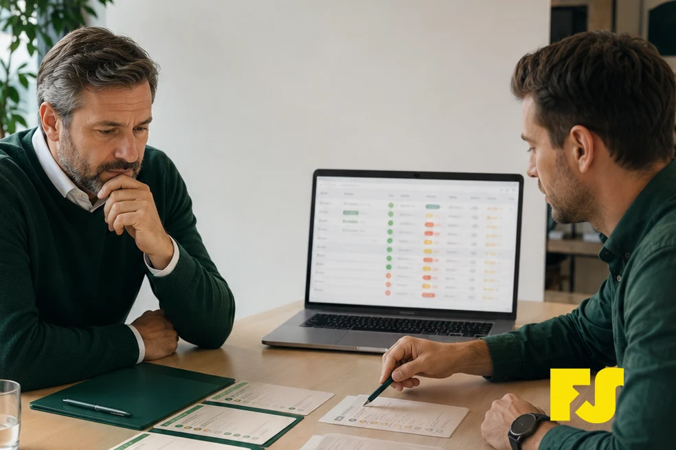 Fotórealisztikus irodai jelenet két üzleti szereplővel, akik egy tárgyalóasztalnál CRM-alapú sales pipeline-t néznek át; a laptopon elmosott lehetőséglista látszik, az asztalon pedig nyomtatott ügyletkártyák segítik a minősítési áttekintést.