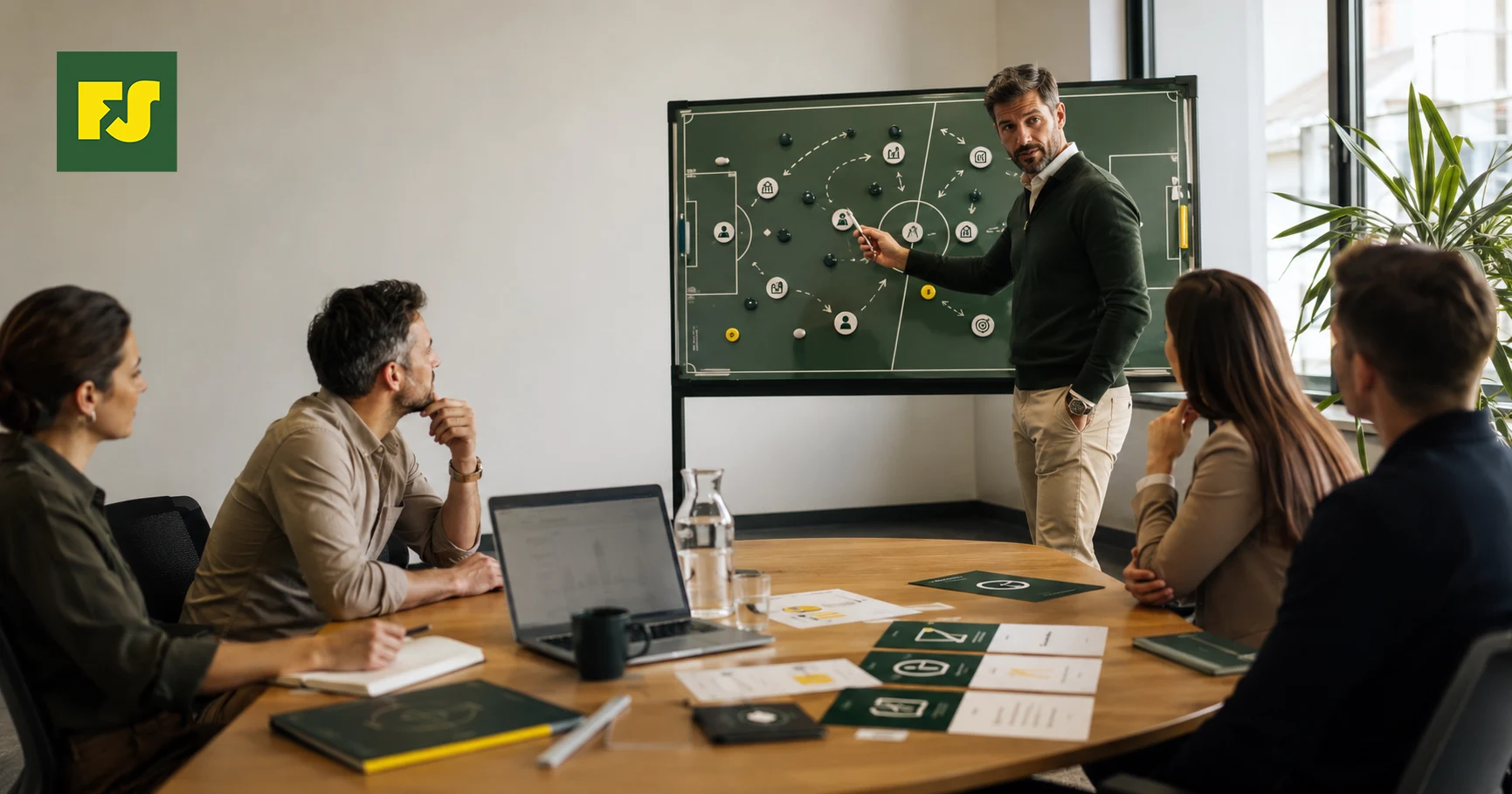 Sales vezető sporttaktikai táblán magyarázza az értékesítési stratégiát egy magyar KKV csapatának egy modern tárgyalóban.