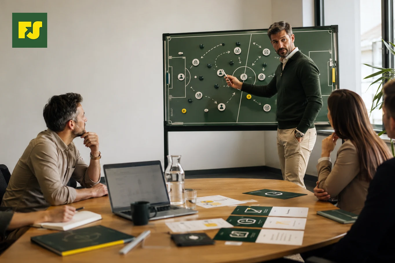 Sales vezető sporttaktikai táblán magyarázza az értékesítési stratégiát egy magyar KKV csapatának egy modern tárgyalóban.