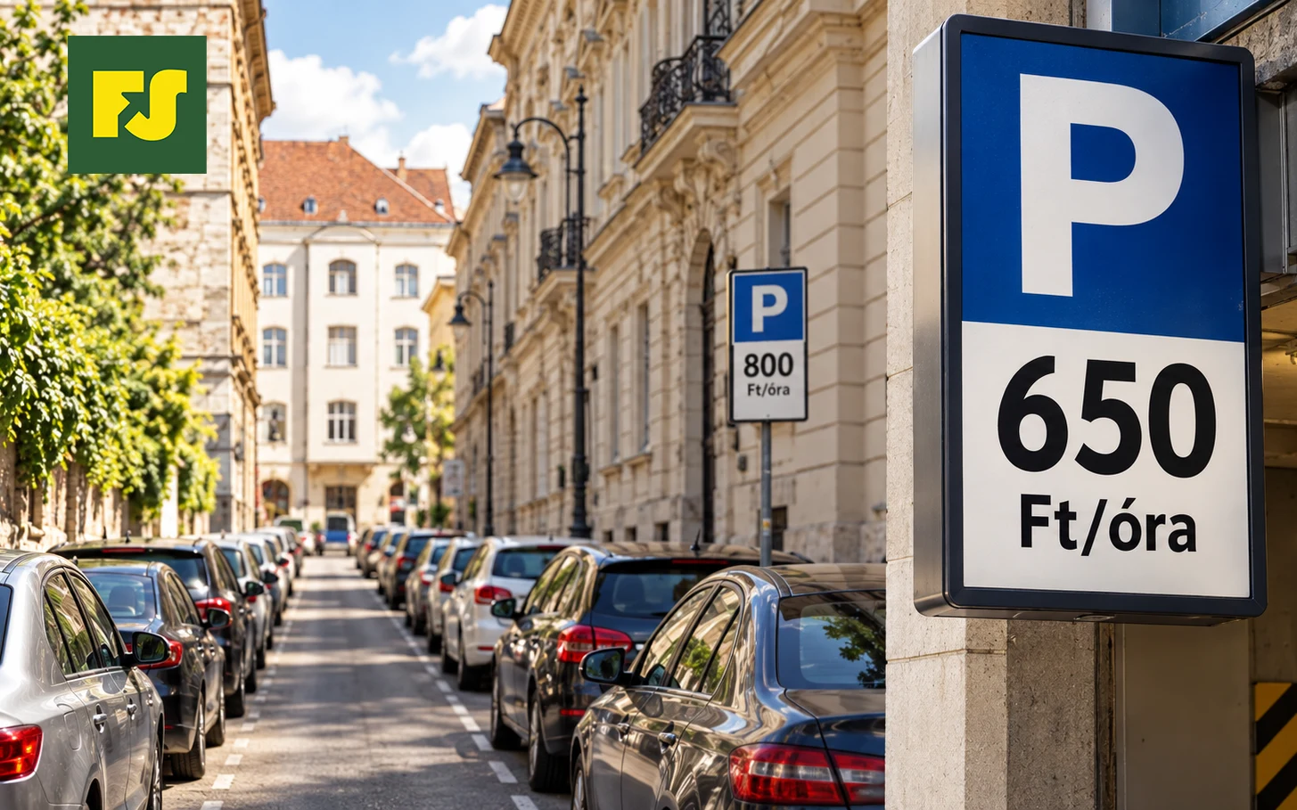 Belvárosi budapesti utca parkoló autókkal és egy 650 Ft/órás mélygarázs táblájával, a vevői döntési logika és a B2B értékesítés szemléltetésére.