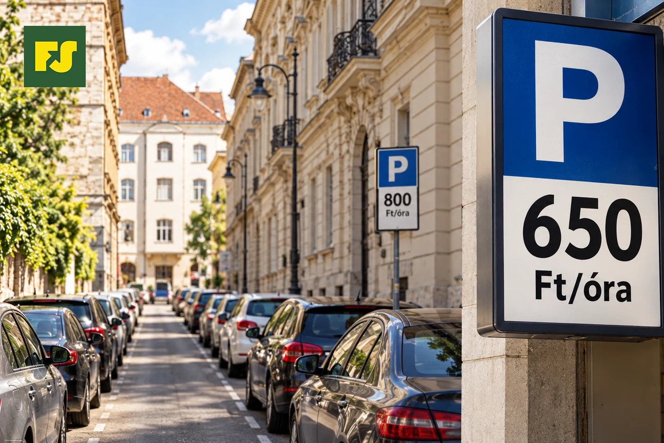 Belvárosi budapesti utca parkoló autókkal és egy 650 Ft/órás mélygarázs táblájával, a vevői döntési logika és a B2B értékesítés szemléltetésére.