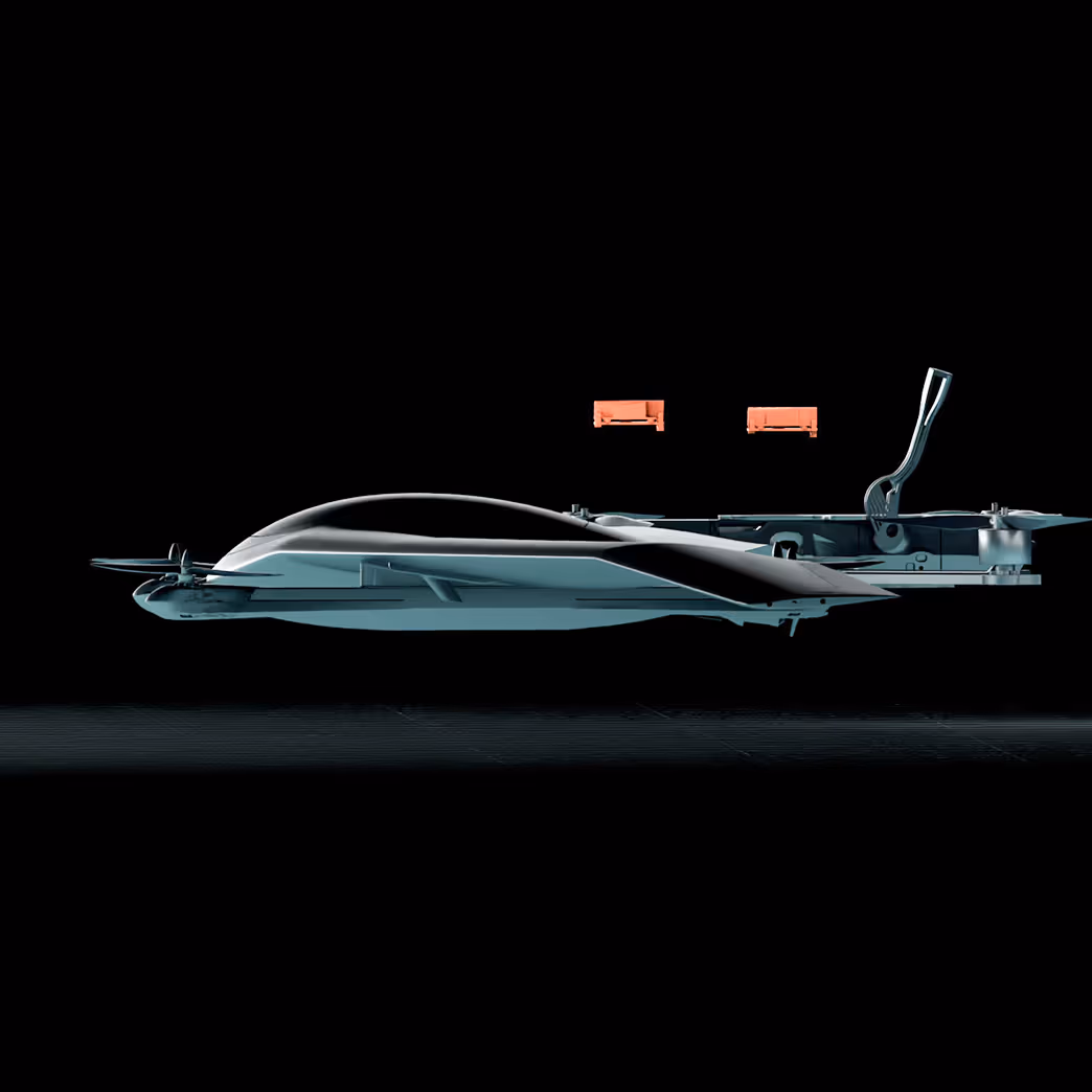 Side view of a sleek futuristic drone or aircraft with a transparent canopy and a black background.