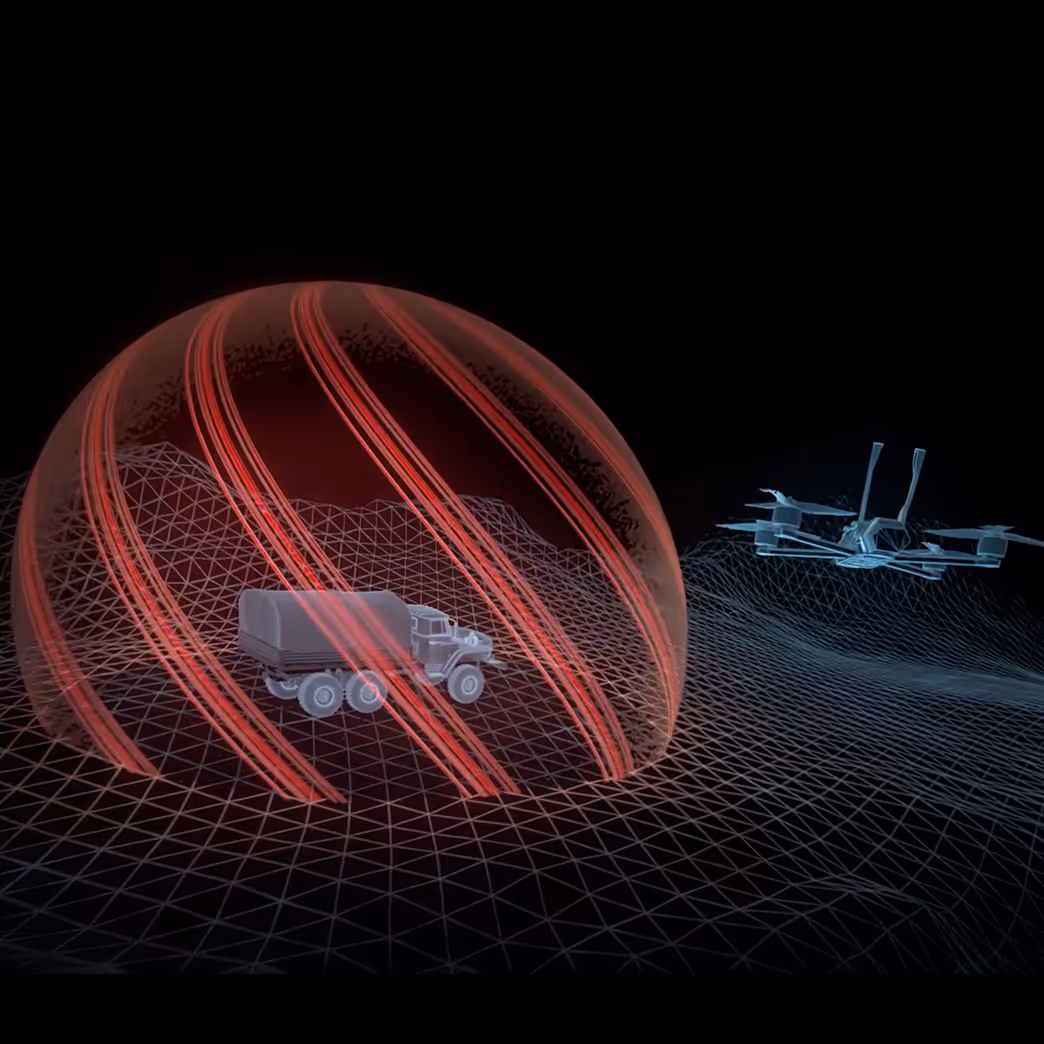 3D digital truck inside a red translucent dome and a drone flying nearby over a wireframe terrain on a black background.
