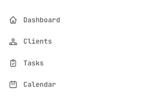 Vertical menu with icons and text labels for Dashboard, Clients, Tasks, and Calendar.
