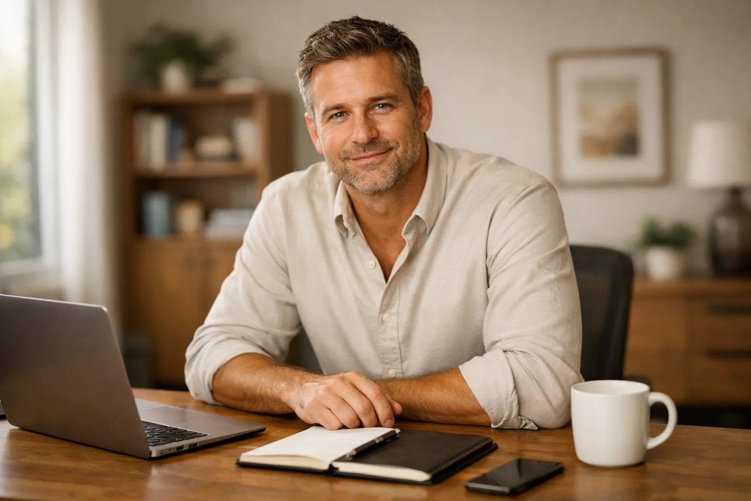 Smiling man in a beige shirt sitting at a desk with a laptop, notebook, smartphone, and white mug.