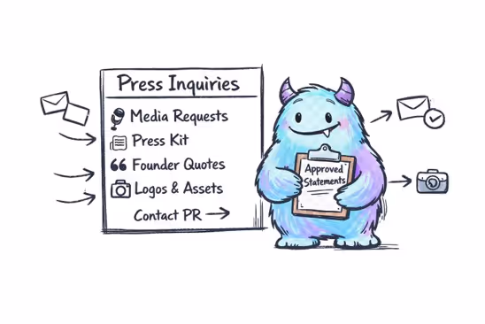 Illustration of a blue furry monster holding a clipboard labeled 'Approved Statements' next to a press inquiries list including media requests, press kit, founder quotes, logos & assets, and contact PR.