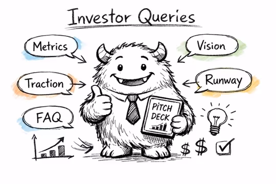 Sketch of a friendly monster in a tie holding a pitch deck, surrounded by investor queries like Metrics, Traction, FAQ, Vision, and Runway, with financial icons.