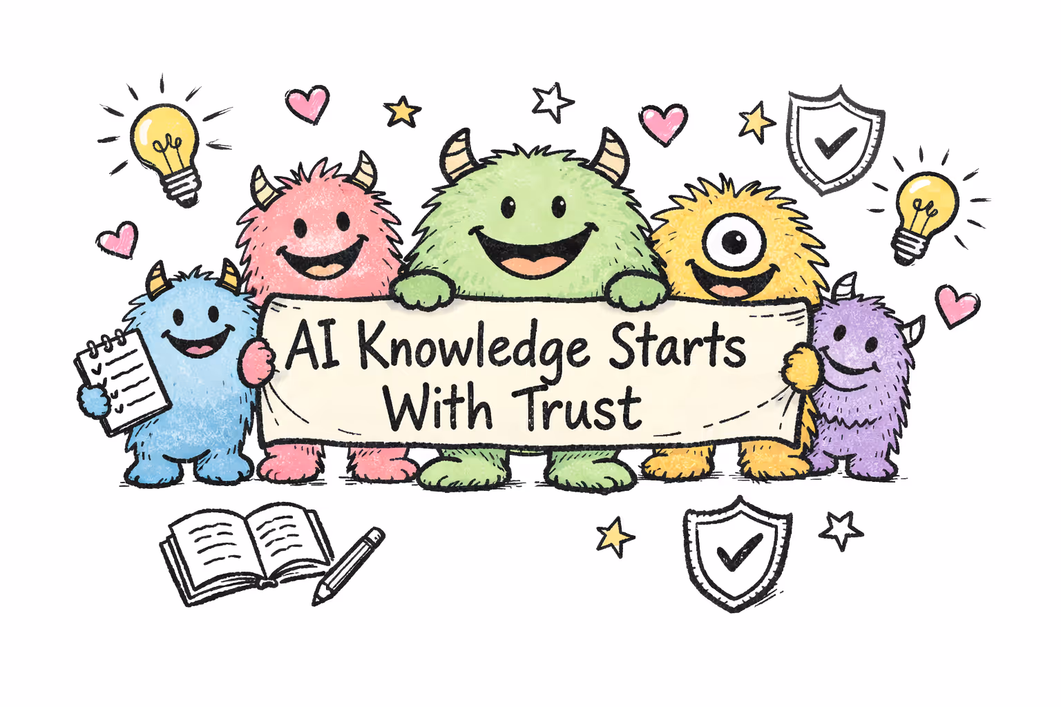 Five colorful cartoon monsters holding a banner that reads 'AI Knowledge Starts With Trust', surrounded by hearts, stars, light bulbs, check shields, and an open book with a pencil.
