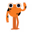 Cartoon orange robot with antennae, big white eyes, and a small mouth.