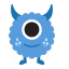Blue cartoon monster with one large eye, small horns, and sharp teeth smiling.