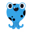 Blue cartoon octopus with big white eyes and black pupils.