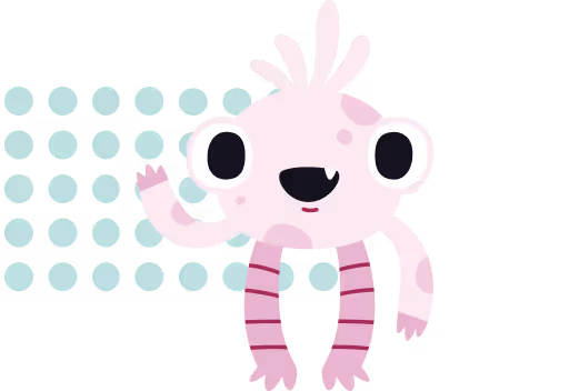 Cute pink cartoon monster with big eyes, spotted skin, striped legs, and wavy hair waving its hand.
