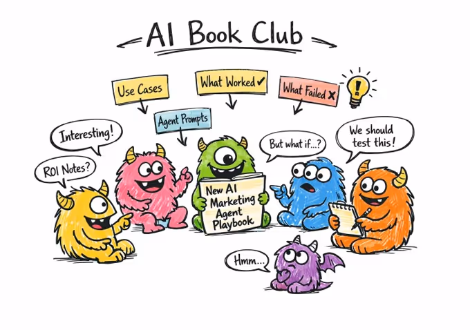 Cartoon of five colorful monsters discussing AI Book Club topics with speech bubbles and labels about use cases, agent prompts, successes, failures, and testing an AI marketing agent playbook.
