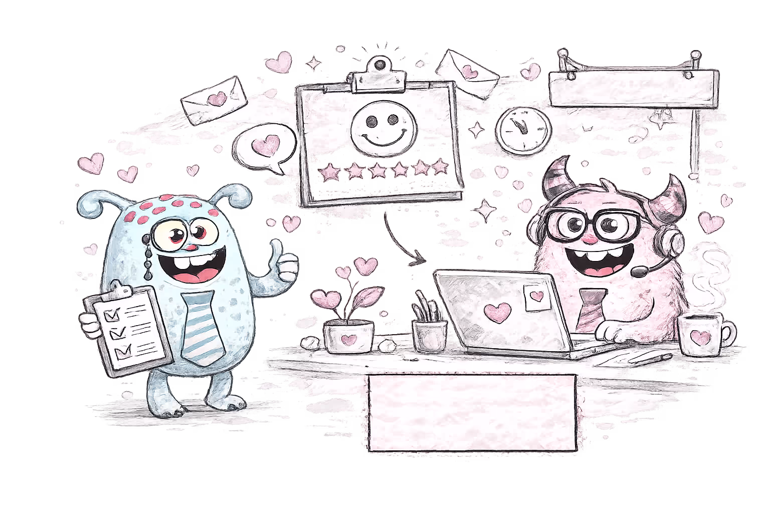 Cartoon of two cheerful monsters; one with a checklist giving thumbs up and the other wearing headset working at a laptop surrounded by hearts and customer satisfaction icons.