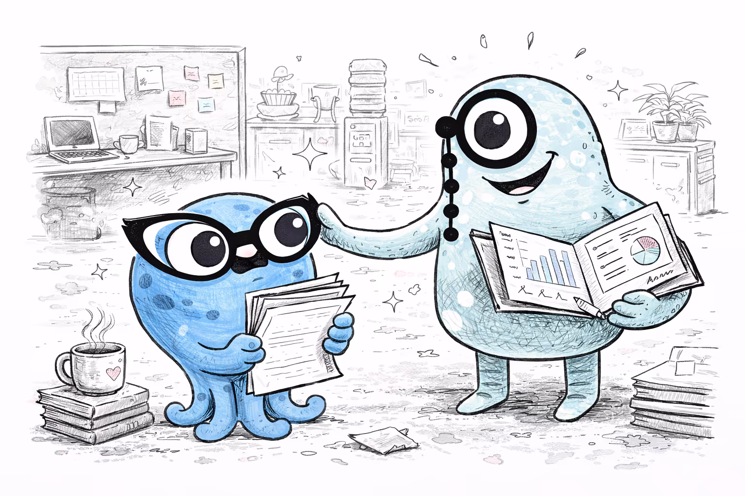 Two blue cartoon monsters in an office setting, one wearing glasses holding papers, the other holding an open book with charts and smiling.