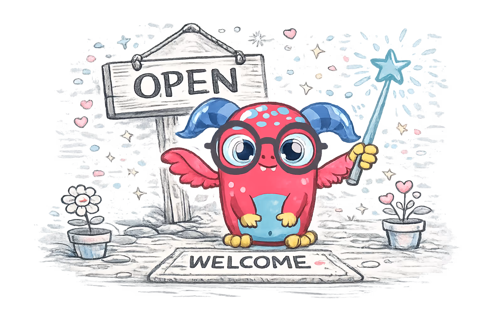 Cartoon red creature with blue horns and glasses holding a star wand, standing between a white ‘OPEN’ sign and a welcome mat, with flower pots on each side.