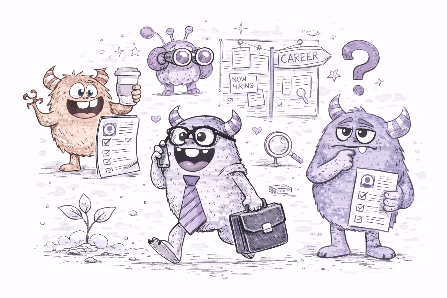 Illustration of four cartoon monsters involved in job search activities, with one holding a coffee cup and resume, one wearing glasses and carrying a briefcase while talking on the phone, another with binoculars looking at a job board labeled 'Career' and 'Now Hiring,' and a fourth monster holding a resume with a questioning expression next to a large question mark.