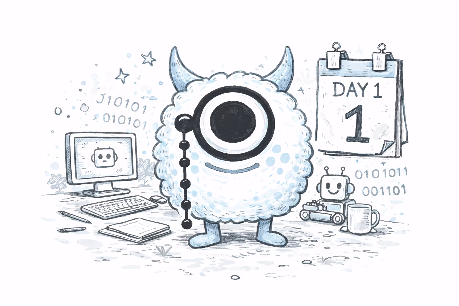 Sketch of a fluffy one-eyed monster with horns and a monocle standing between a computer setup and a small toy robot under a calendar showing Day 1.