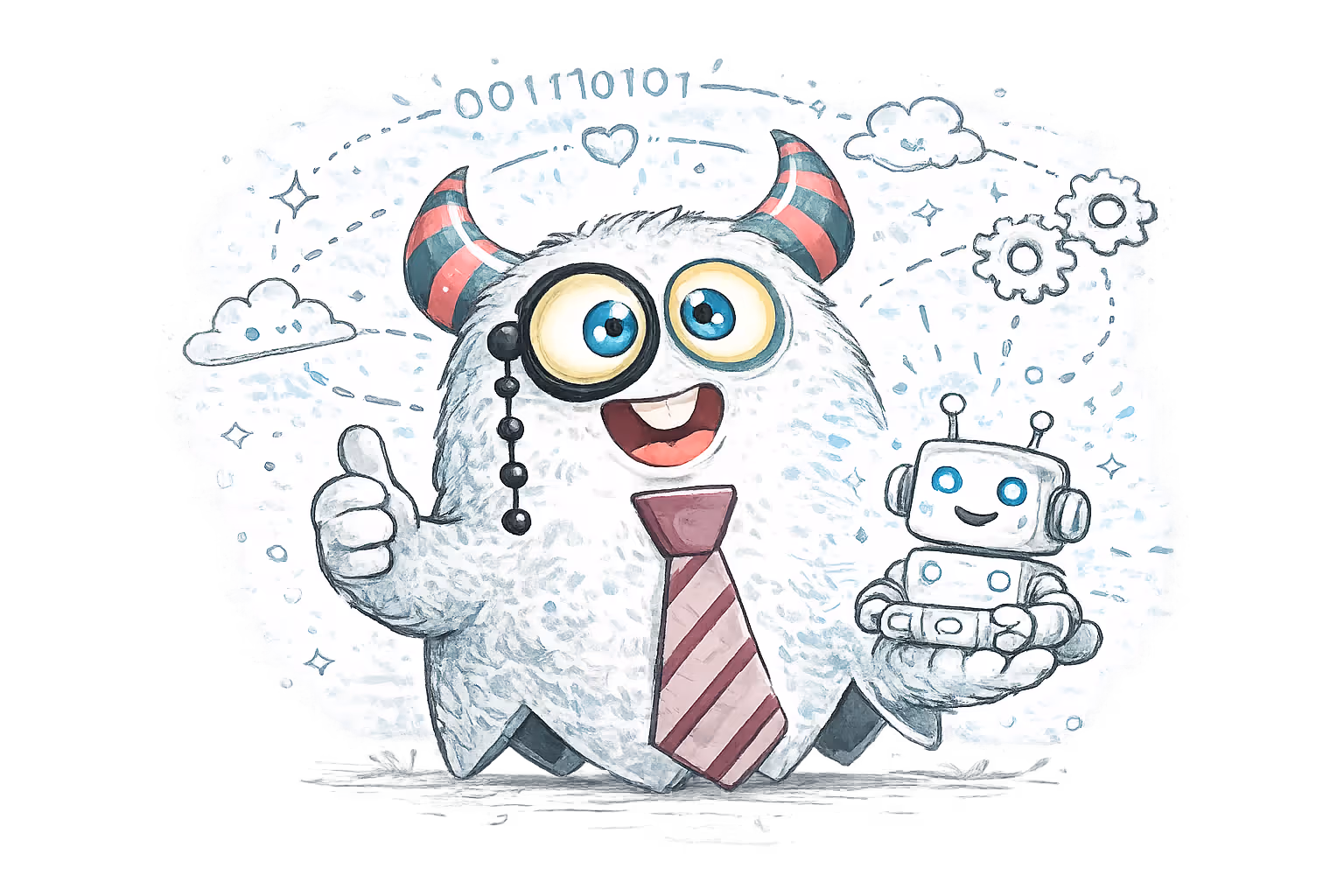 Cartoon monster with striped horns, monocle, and tie holding a smiling robot with gears and cloud icons around them.