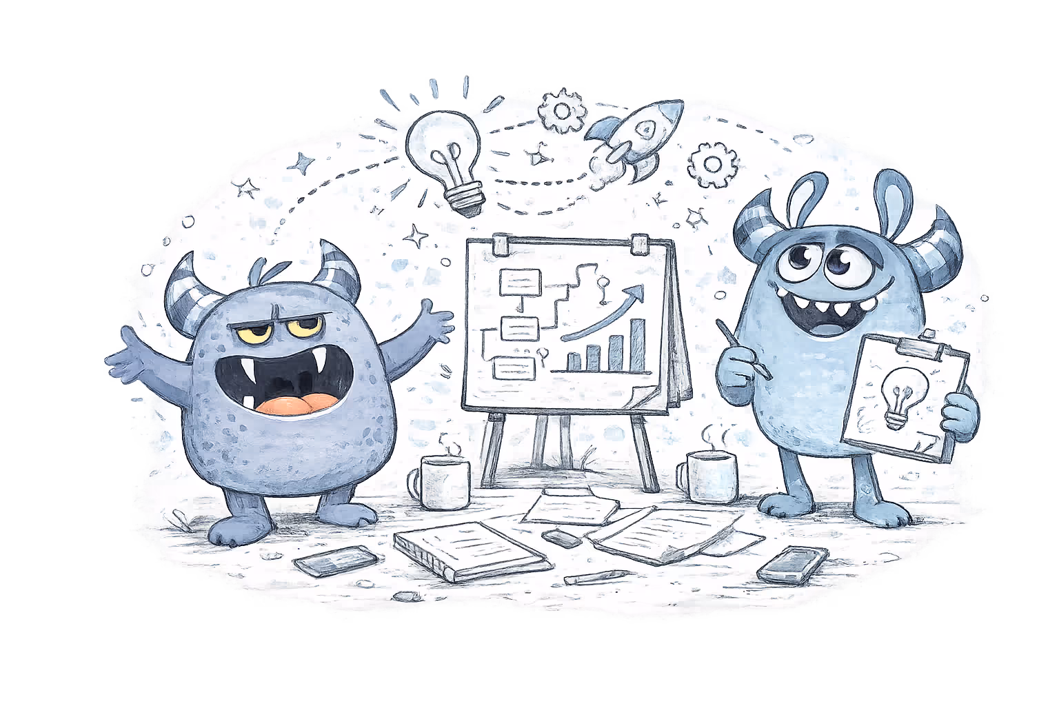 Two blue cartoon monsters with horns standing beside a presentation board showing a growth chart, surrounded by papers, coffee mugs, and a rocket and light bulb sketches symbolizing ideas and innovation.