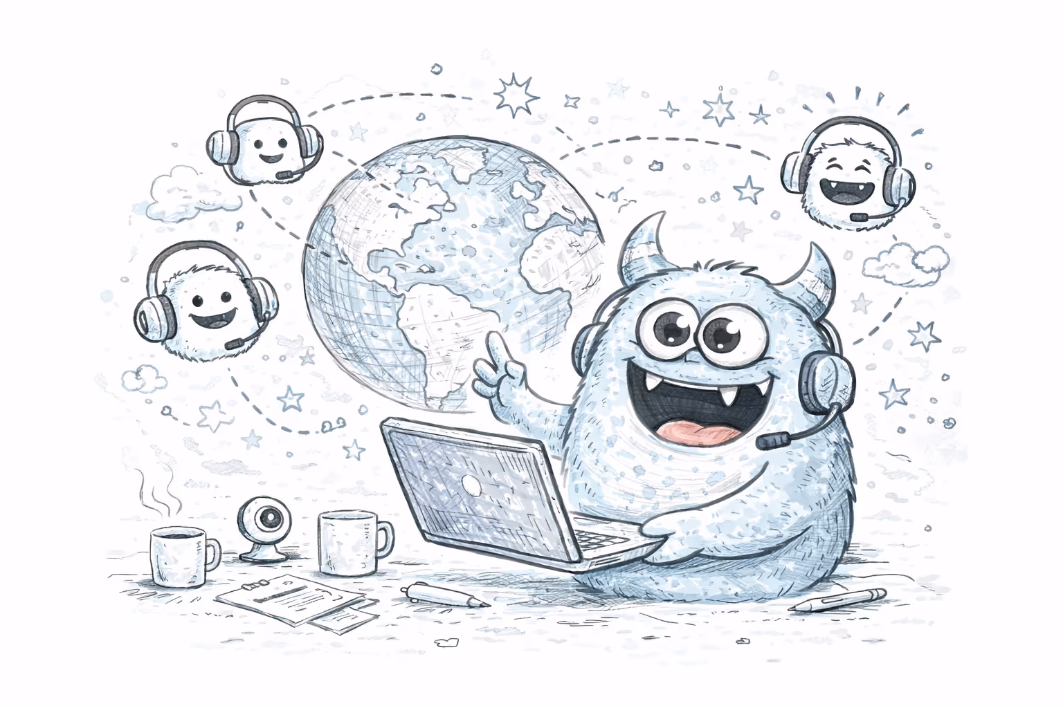 Happy blue furry monster with headset holding a laptop, surrounded by smaller smiling creatures with headsets and a globe symbolizing global remote communication.