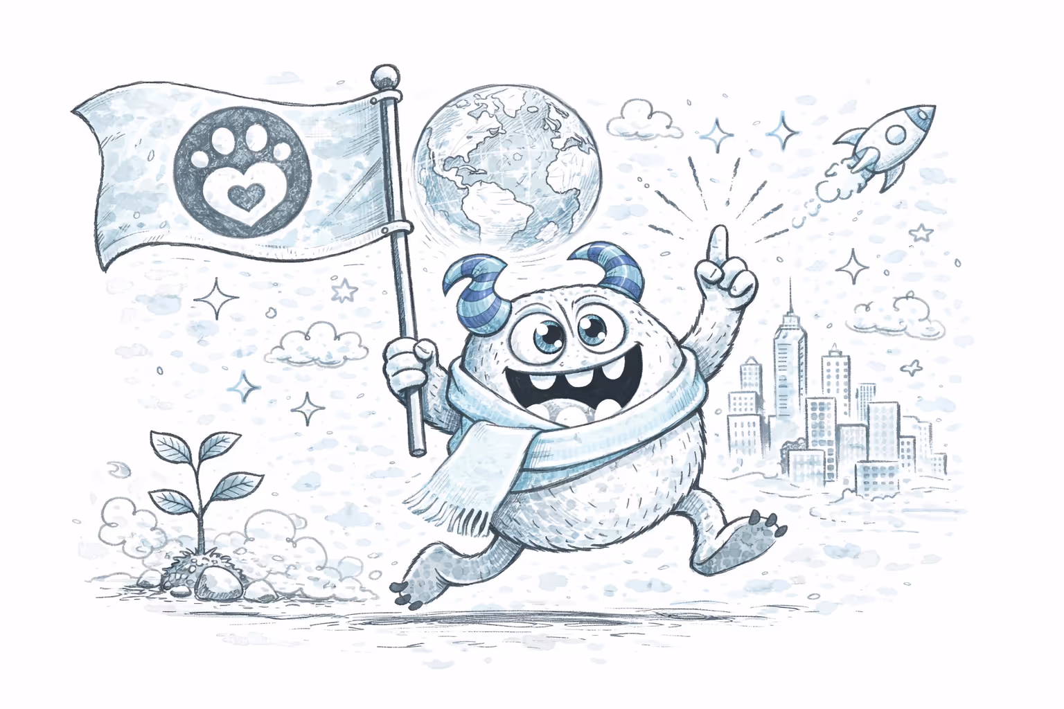 Happy cartoon monster with striped horns and scarf holding a flag with a paw and heart emblem, pointing upward with city skyline, earth, rocket, and plant in the background.