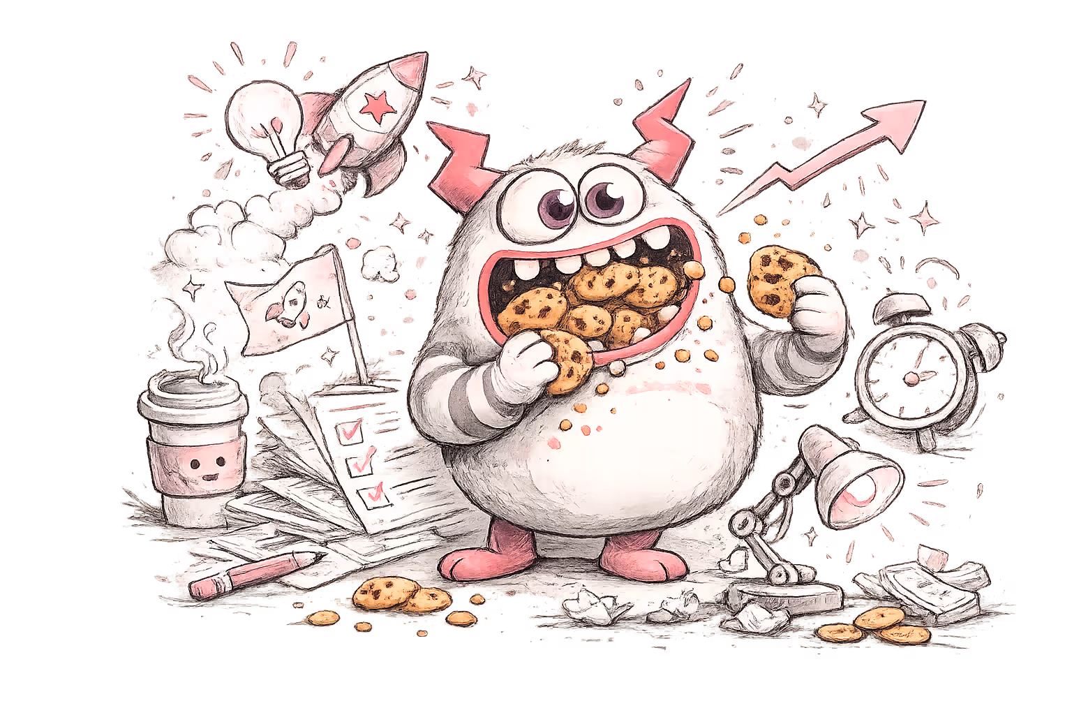 Whimsical monster with horns eagerly eating chocolate chip cookies surrounded by coffee, papers, a rocket flag, a clock, and a lamp.