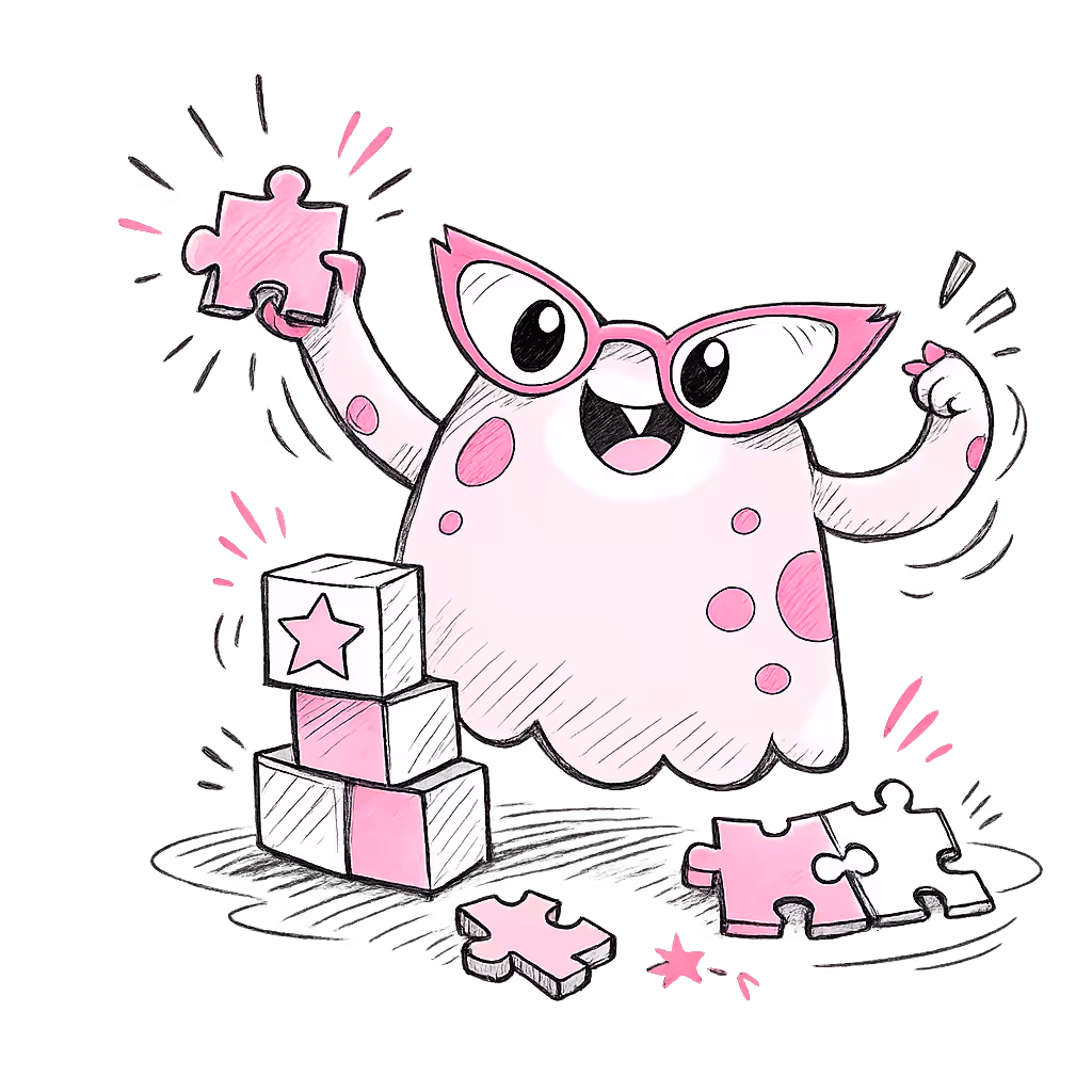 Cheerful pink ghost character with large glasses holding a puzzle piece, surrounded by building blocks and puzzle pieces.