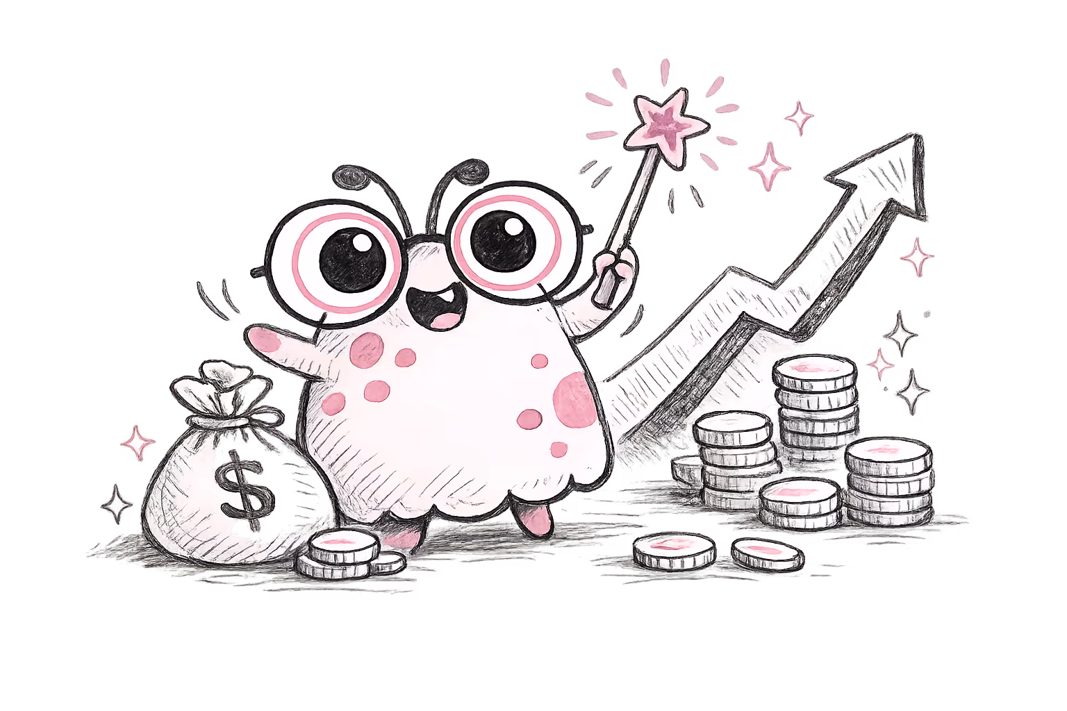 Cartoon character with glasses and a magic wand stands beside a money bag, stacks of coins, and an upward trending arrow.