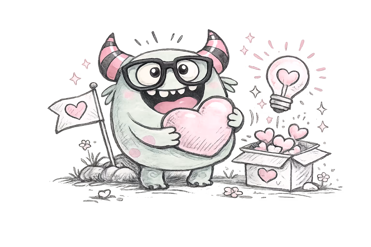 Illustration of a cute monster with glasses and striped horns holding a large pink heart next to a box of hearts and a glowing lightbulb with a heart inside.