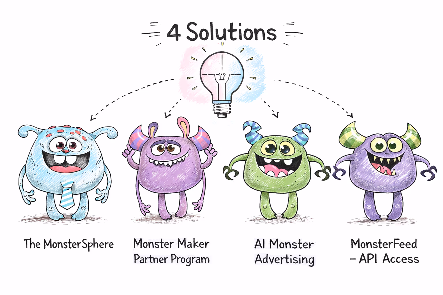 Illustration titled '4 Solutions' showing four colorful cartoon monsters representing The MonsterSphere, Monster Maker Partner Program, AI Monster Advertising, and MonsterFeed - API Access.