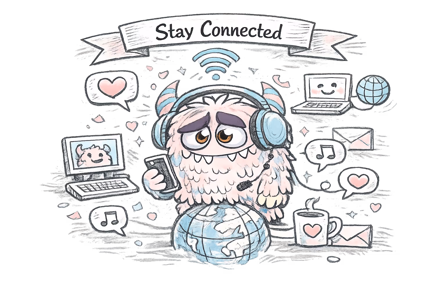 Cartoon monster wearing headphones and holding a smartphone sits on a globe surrounded by icons of laptops, hearts, music notes, a coffee cup, and communication symbols under a banner reading 'Stay Connected'.