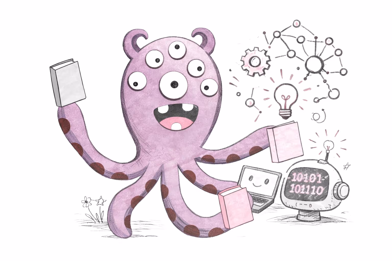 A purple six-armed cartoon monster with six eyes holding books, a smiling laptop, and a retro robot displaying binary code with connected nodes and light bulbs above it.