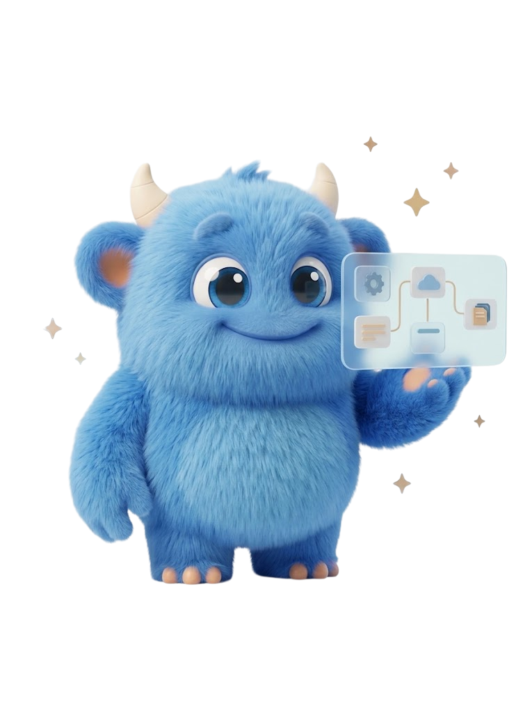Blue AI Monster holding a holographic workflow panel