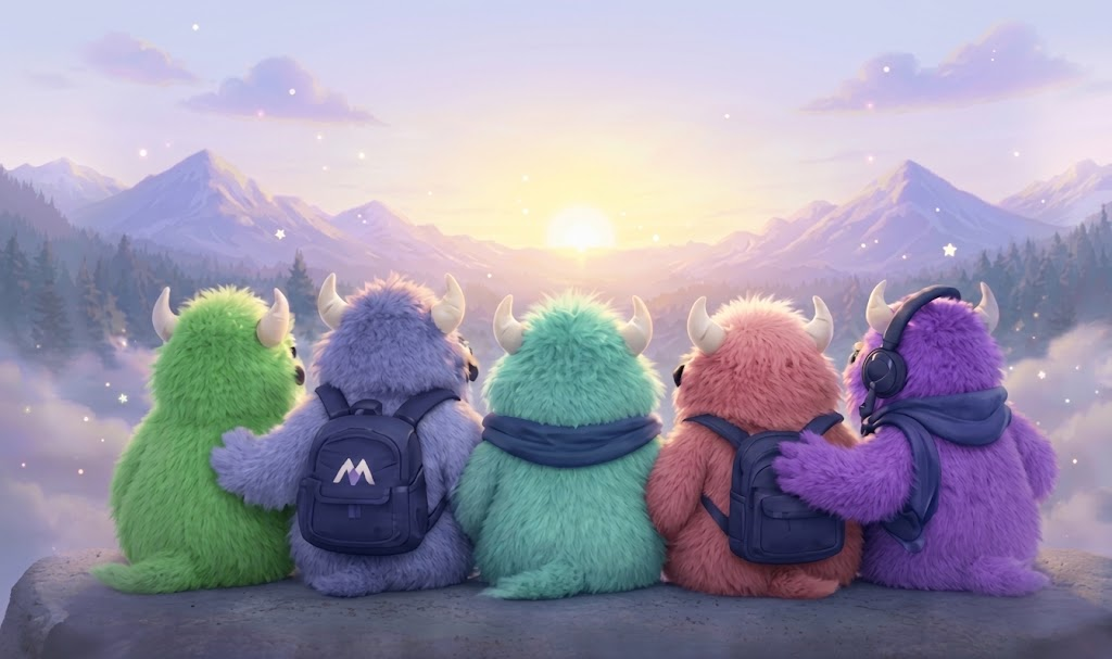 AI Monsters watching the sunrise over the mountains together