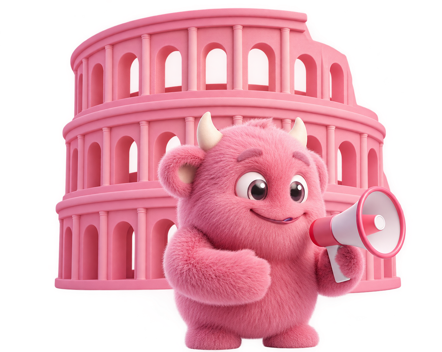 Pink AI Monster with a megaphone in front of a colosseum