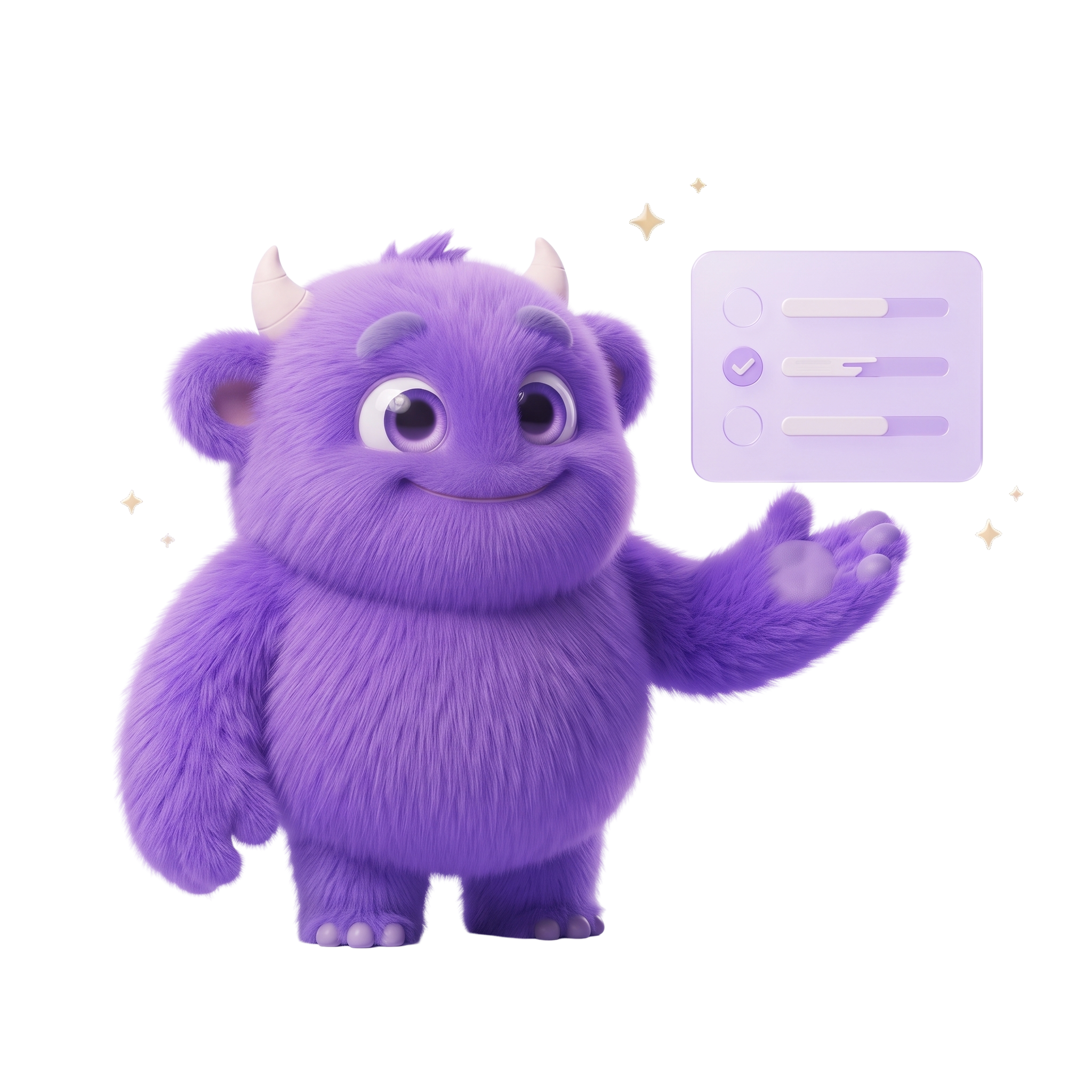 Purple AI Monster presenting a checklist